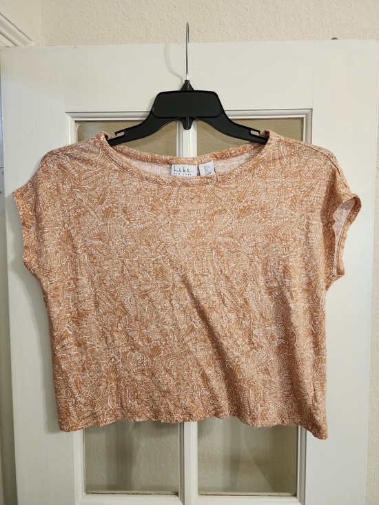 Nicole Miller New York Tops - Nicole Miller Linen Top L Peachy Tan Floral Boxy Crop Cap Sleeve